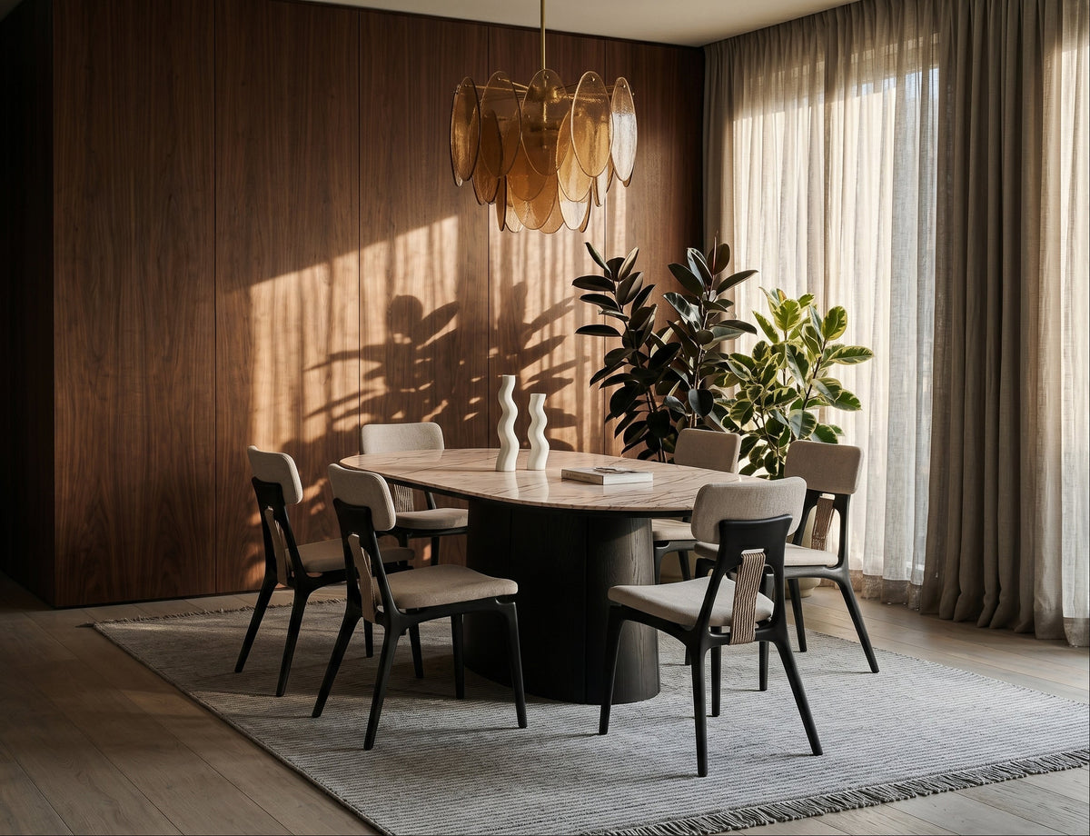 A modern dining room scene with a round light wood dining table, six upholstered dining chairs, a large textured area rug, a warm wood-paneled wall, sheer curtains, and a sculptural glass pendant light casting leaf-like shadows.