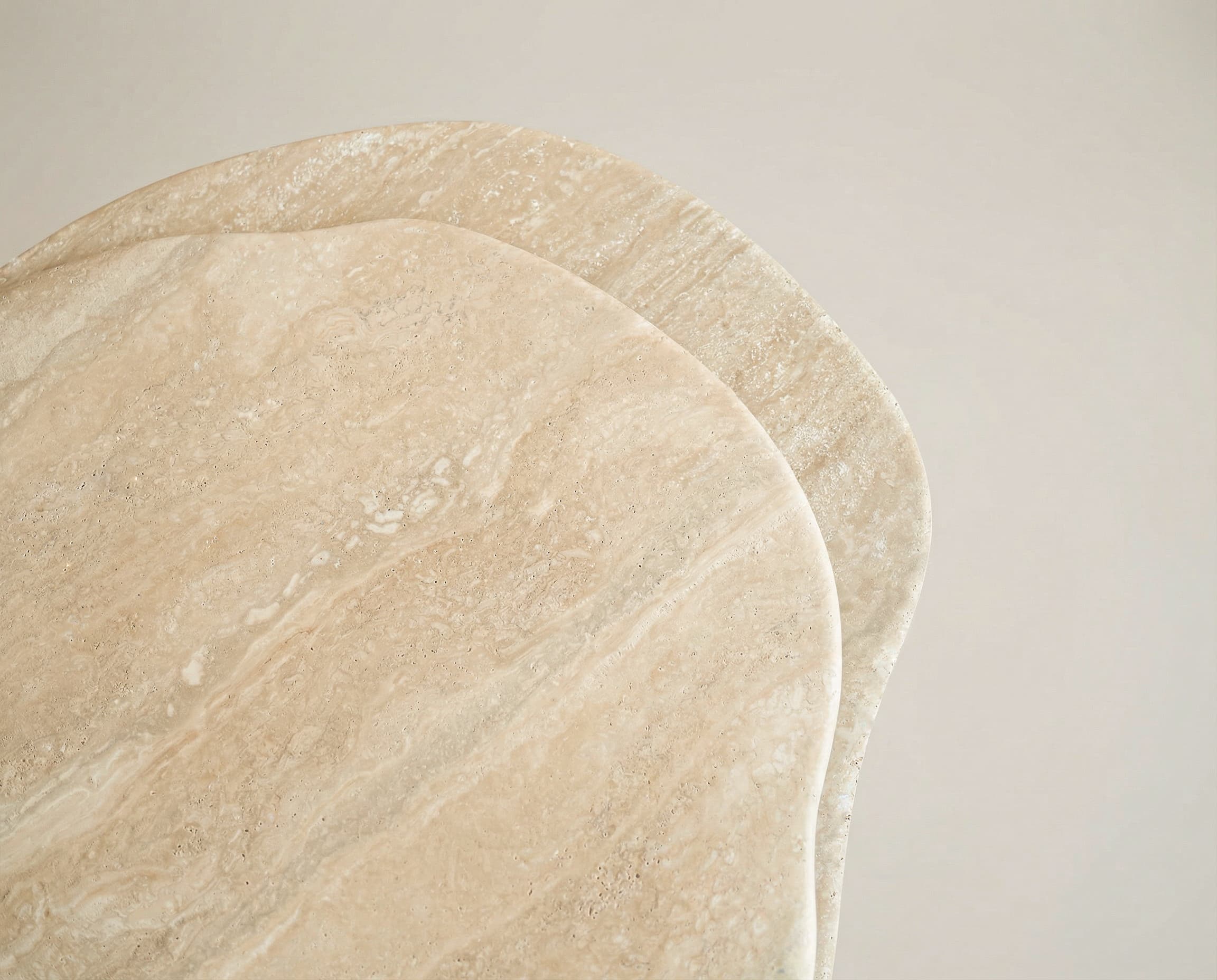 Double beige travertine, solid brown ash wood coffee table. Top table view.